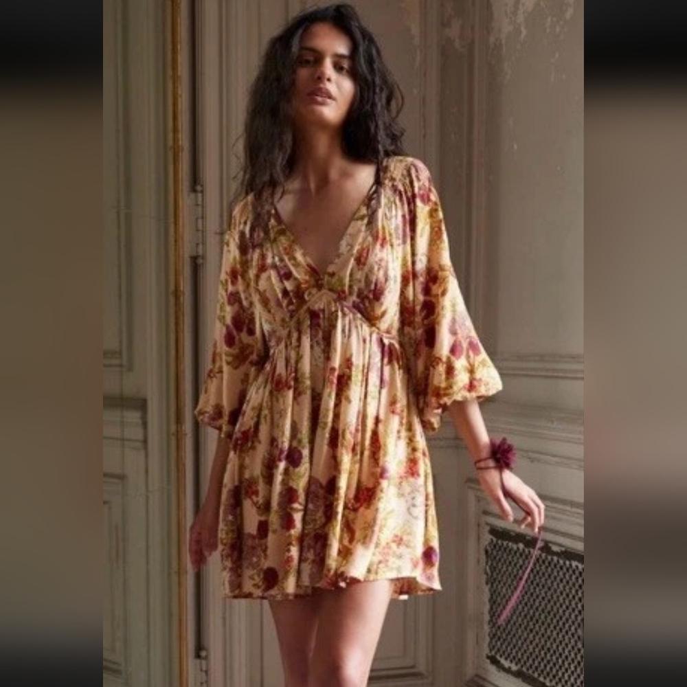 New Free People Floral Long Sleeve Dress - Cream and Red
